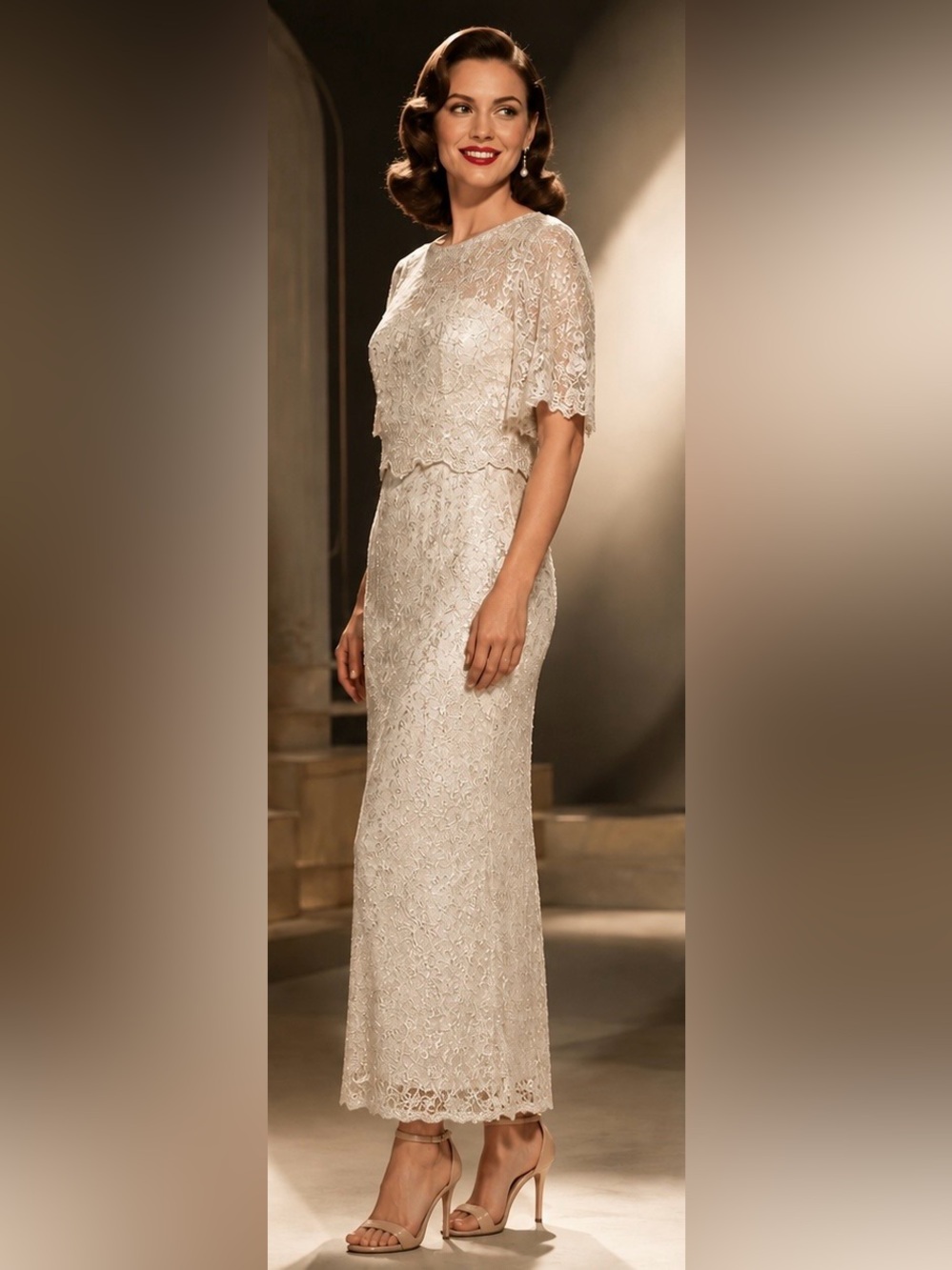 NWT Adrianna Papell Champagne Biscotti Sequin Lace Popover Formal Gown, Size 0P